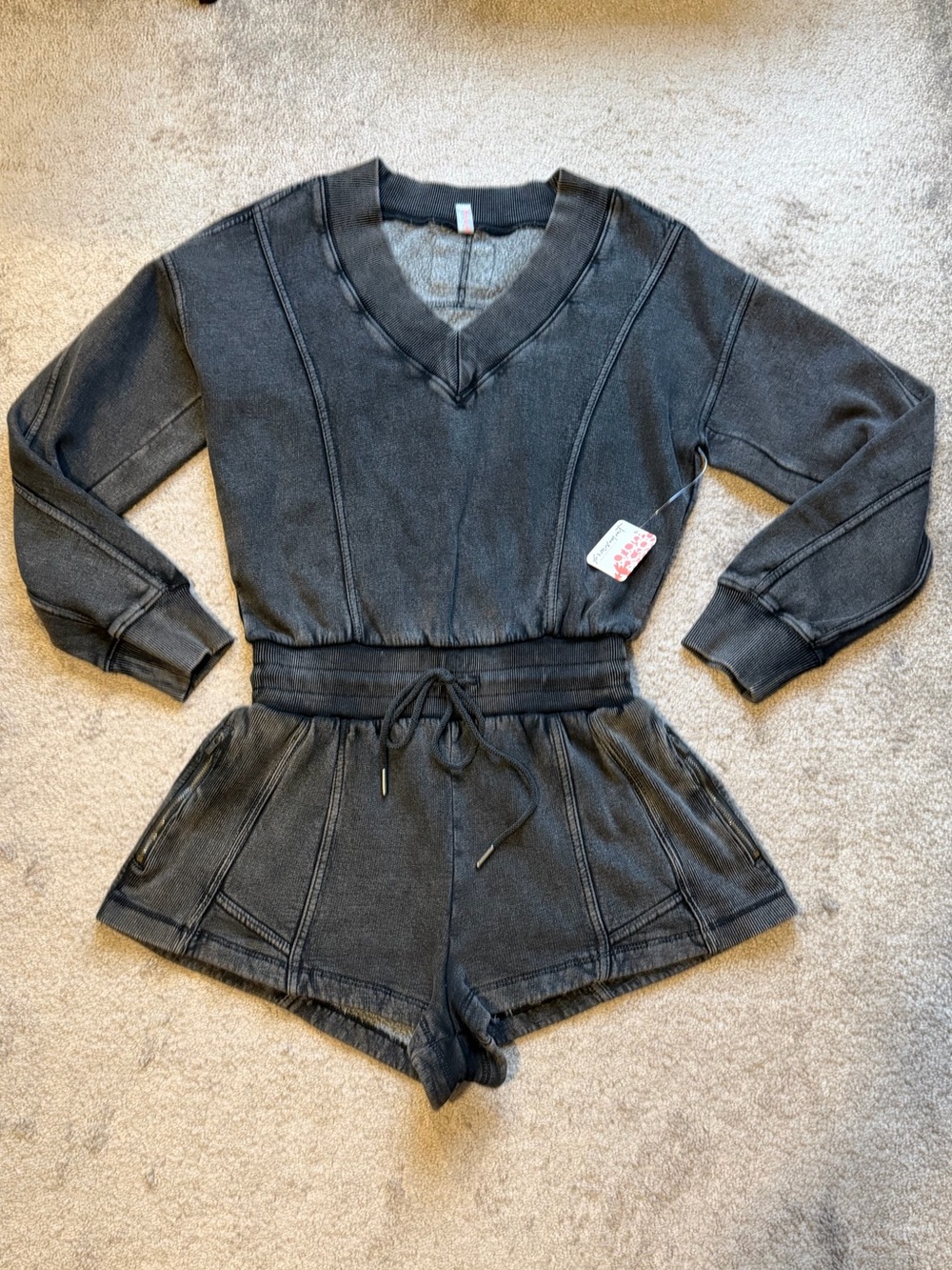 Free People Washed Black V-Neck Long-Sleeve Romper with Drawstring Waist